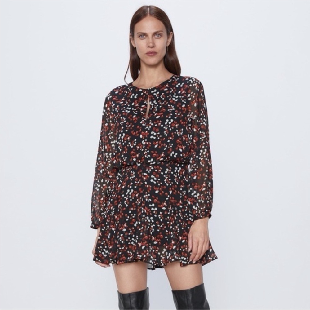 Zara Black Floral Long Sleeve Mini Dress